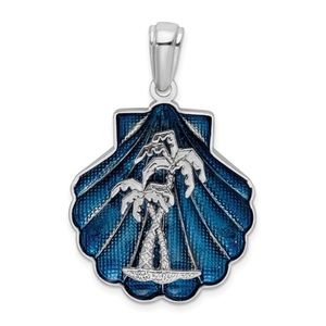 Sterling Silver Polished Enameled Blue Shell with Palm Trees Pendant
